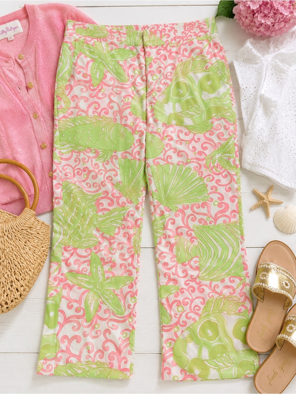 Lilly Pulitzer Pink & Lime Seashell Print Crop Pants - Size 2